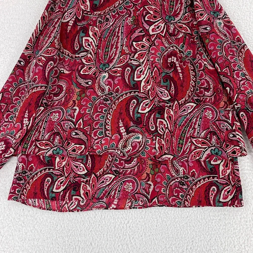 J. Jill Shirt Women Large Red Paisley Print Tiered Long Sleeve Round Neck Casual